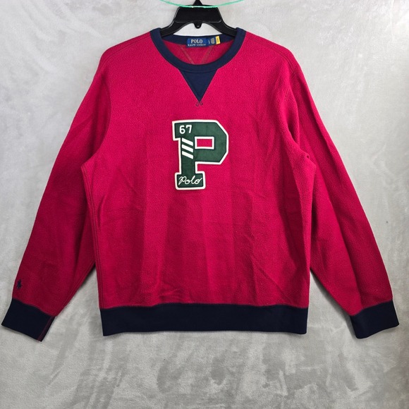 Polo Ralph‎ Lauren Large PILE FLEECE LETTERMAN SWEATSHIRT HOLIDAY RED/CRUISE